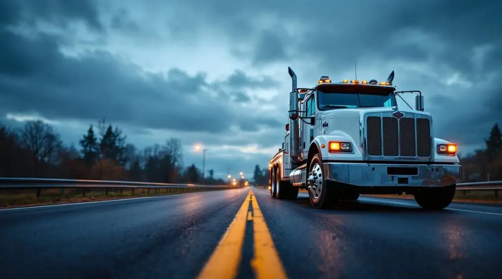 A professional flatbed truck operating on a quiet Arvada street.