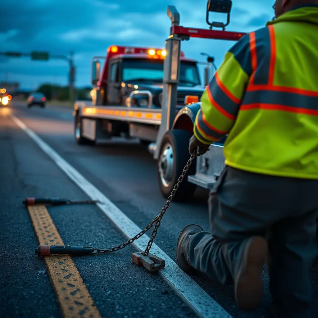 A tow truck driver in a safety vest speaking professionally to a customer in Northglenn.