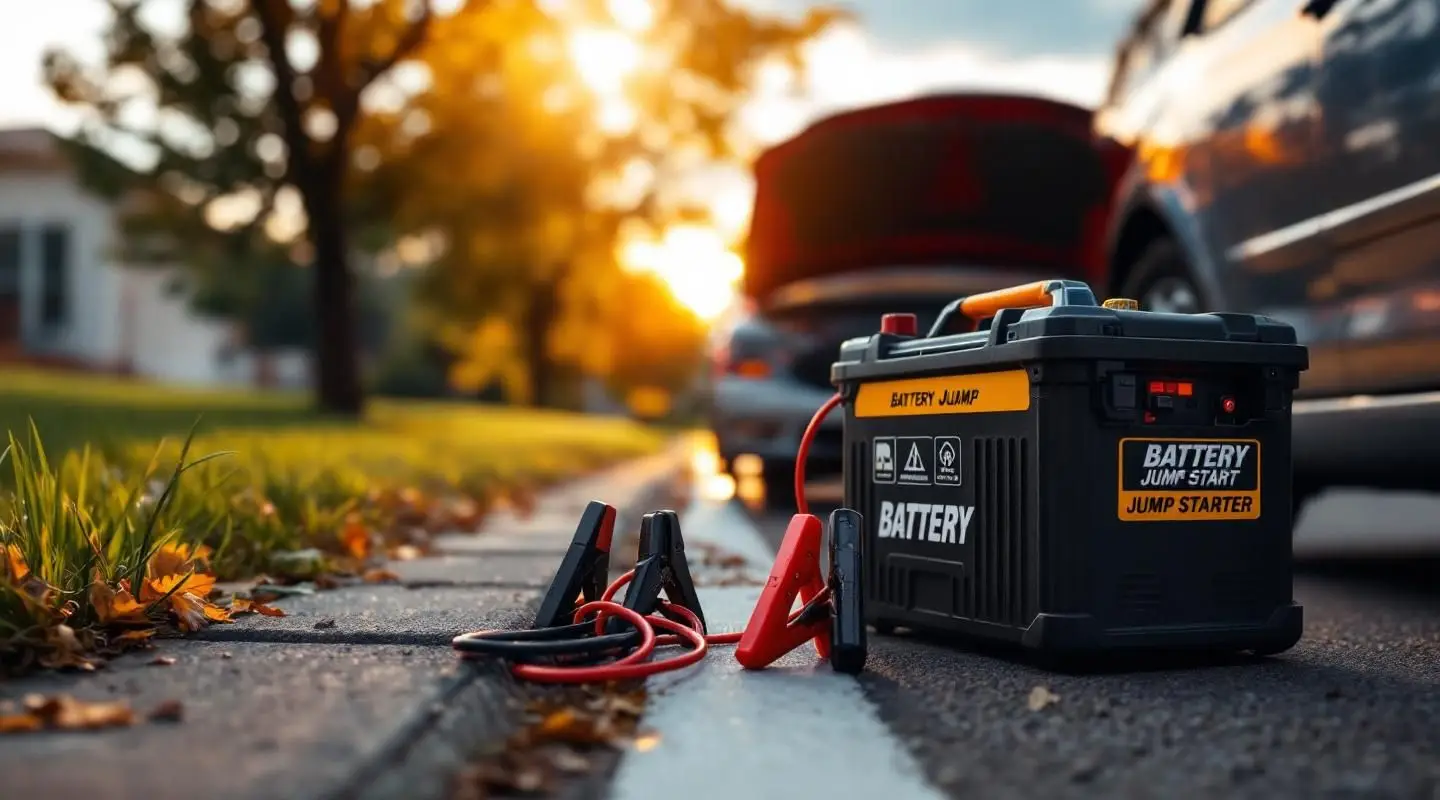 A professional tow operator connecting heavy-duty jumper cables to a stranded vehicle's battery on a cold day in Arvada.