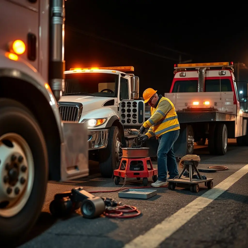 A DAD'S TOWING SERVICE LLC operator securely attaching a vehicle to a flatbed tow truck on a Federal Heights street.